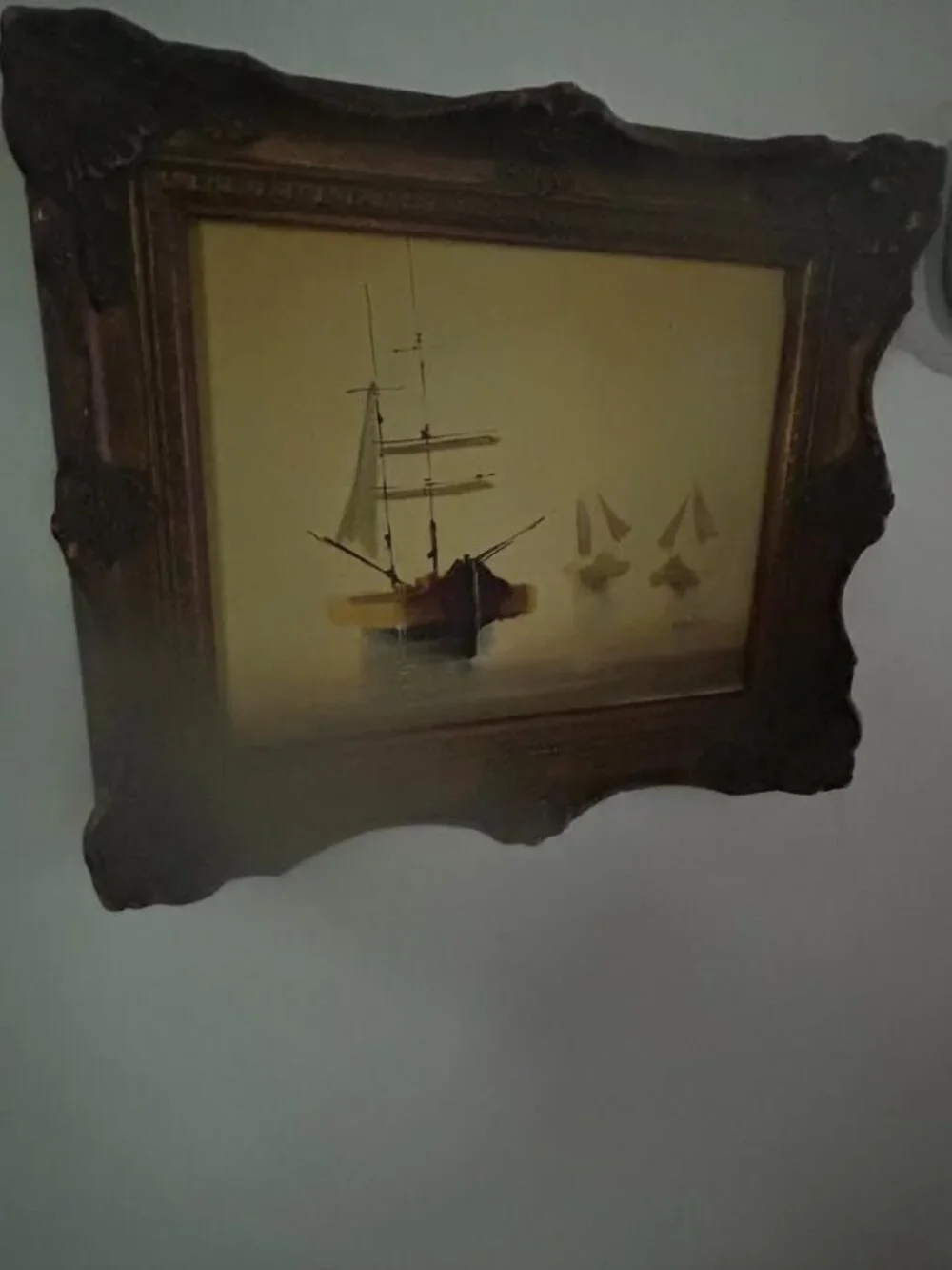 Wonderful Vintage Distressed Nautical Seascape Oil on Canvas